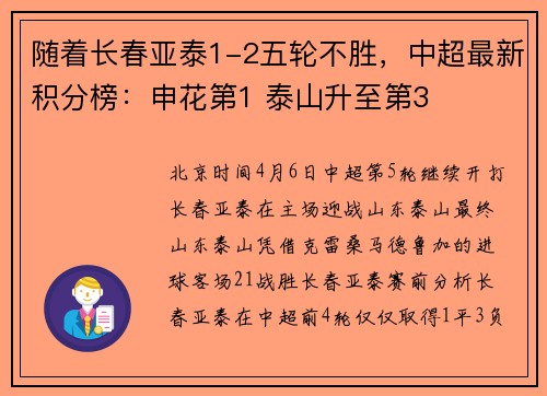 随着长春亚泰1-2五轮不胜，中超最新积分榜：申花第1 泰山升至第3